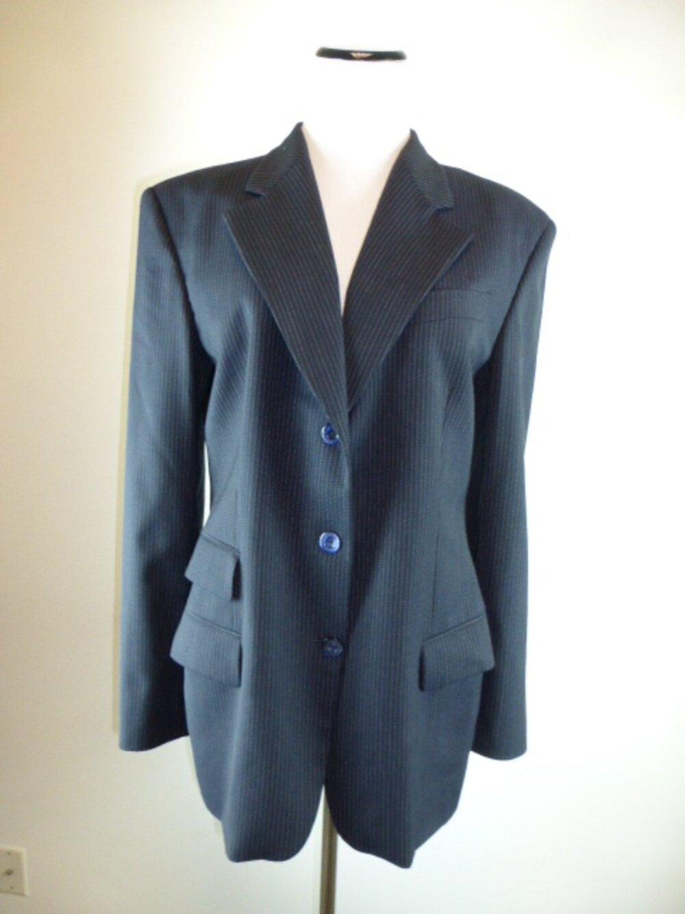GUCCI navy blue pinstripe long wool blazer jacket 46 Italy Vintage